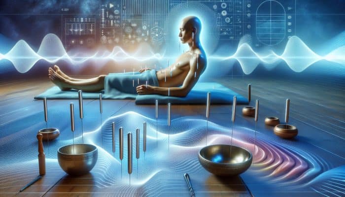 Acupuncture With Sound Therapy: Acupuncture needles on a patient with tuning forks and singing bowls creating soothing vibrations for holistic healing.