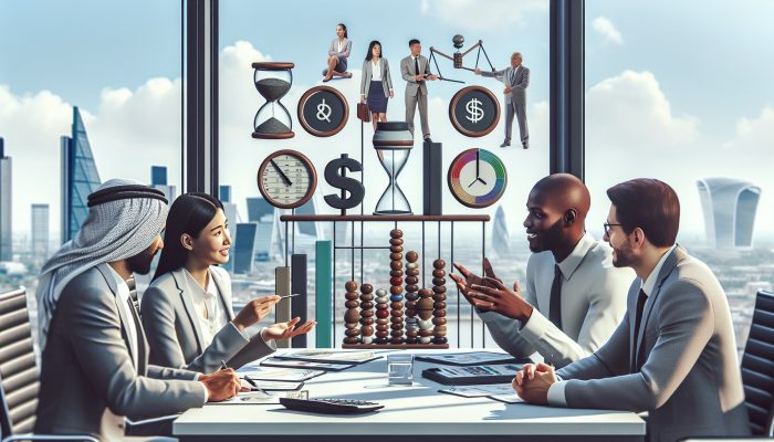 Financial experts discussing debt management plans in a modern office, client hopeful, London skyline.