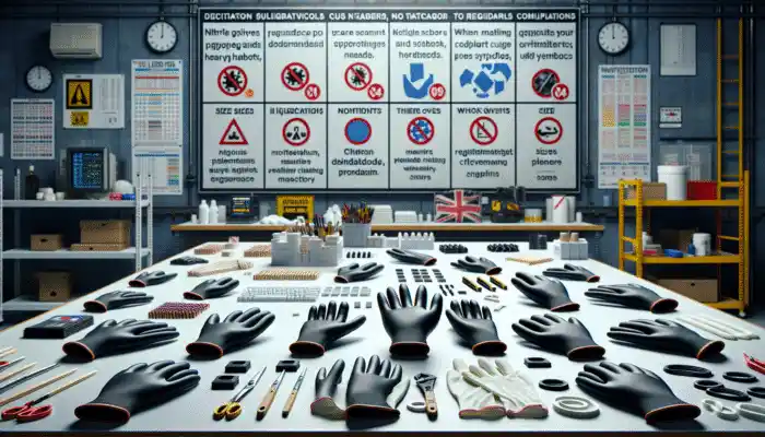 Nitrile gloves on a UK industrial workbench: thick for heavy-duty protection, thin for precision tasks, with size labels and compliance stickers.