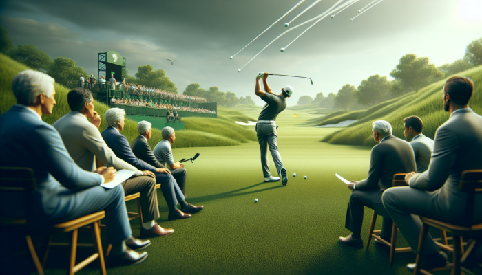 Golfer executing a fade shot on a green course, with experts analyzing the technique.