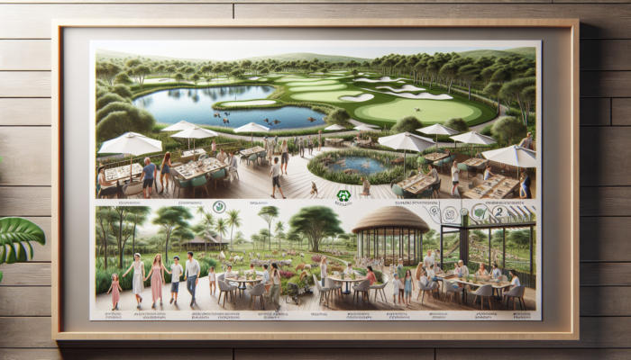 A family golf resort with eco-friendly features like organic dining and wildlife protection, amidst a lush landscape.