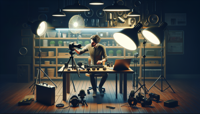 Video Content Production in Ilfracombe for Small Businesses: A busy Ilfracombe workshop with a business owner arranging video tools: camera on tripod, LED lights, microphones, and laptop from local suppliers.