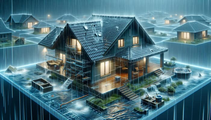 Clearing a UK Home in Rainy Weather: A home inspection during rain, showing roof with missing tiles and clogged gutters, highlighting structural weaknesses and leaks.