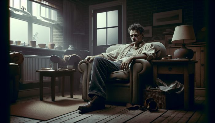 A weary middle-aged man slouched in a dimly lit UK living room, staring blankly at an untouched coffee mug, showing exhaustion from low testosterone.