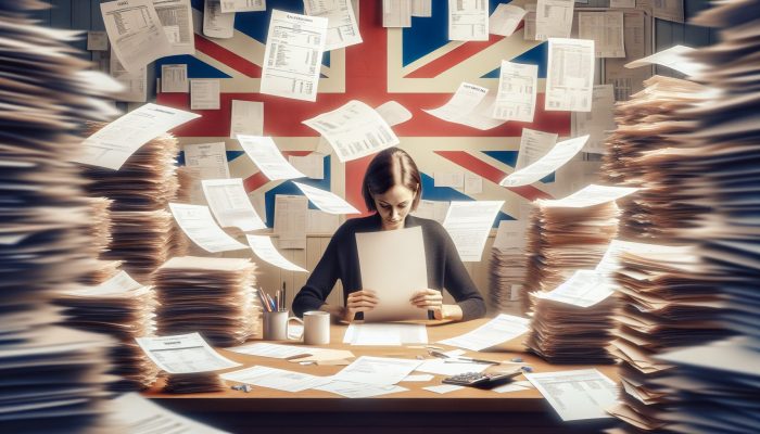 Debt Consolidation Loan Credit Score Minimums: UK Guide | DCL Person in UK consolidating debts into one loan, surrounded by bills, with a clear document on desk.