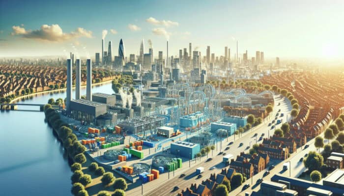 Vibrant UK cityscape featuring advanced waste management infrastructure with collaborations between government and private sectors.