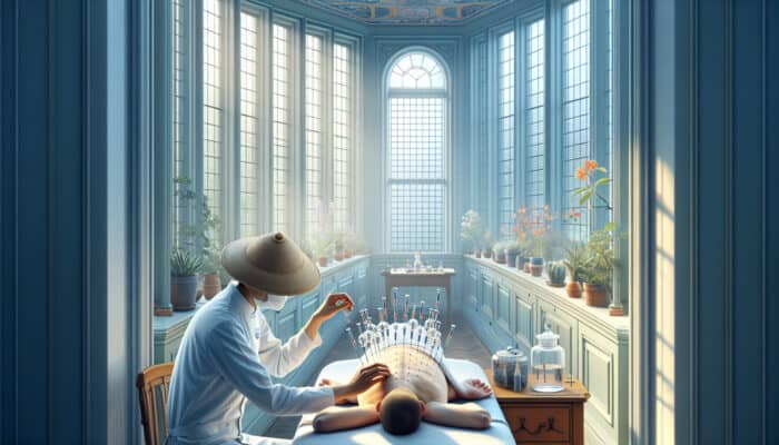 A therapist in a British clinic applies glass suction cups to a patient's back, creating marks, while inserting acupuncture needles under soft lighting.