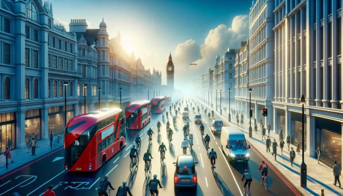 Bustling London street at dawn: cyclists on lanes, pedestrians walking, red double-decker buses and trains, under clear blue sky symbolizing sustainability.