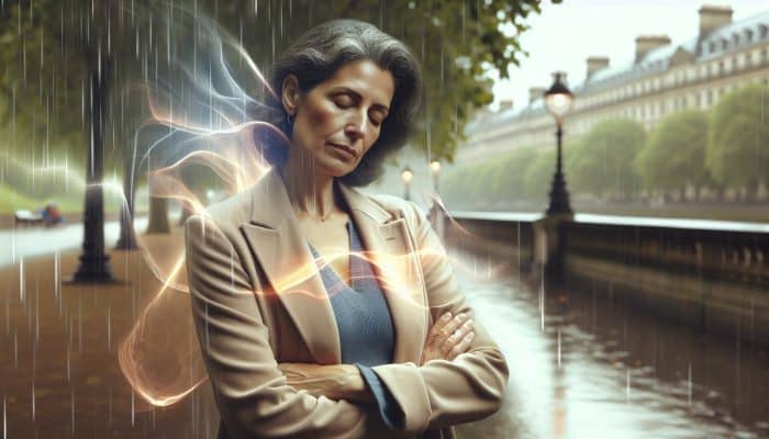 Why Does Weight Change During Perimenopause?: A middle-aged woman in her 50s stands thoughtfully in a rainy London park, with ethereal waves symbolizing hormonal fluctuations and a scale showing weight gain.