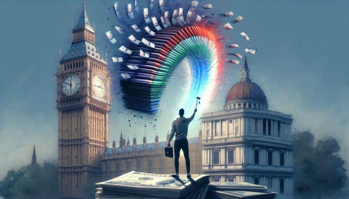 Consolidating Payday Loans With A Loan: Benefits Explained | DCL A relieved UK borrower in London under Big Ben merges multiple payday loans into a glowing document, symbolizing simplified finances and savings.