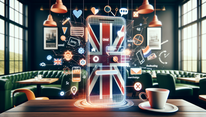 A smartphone screen in a Corsham coffee shop showing a fast-loading mobile website with UK flags, local SEO keywords, and Google My Business profile.