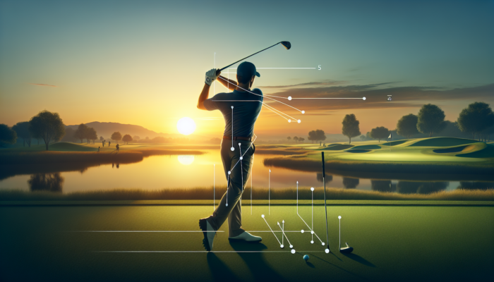 Golfer at sunset on course, mid-swing, with instructional arrows showing technique for consistent swing.