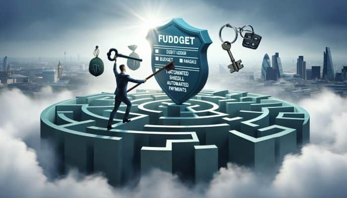 Determined individual navigating maze of debt ledgers and pitfalls labeled "missed payments," holding budget shield and payment keys in foggy London skyline.