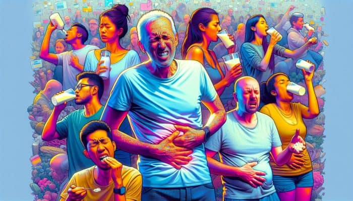 Can Adults Suddenly Become Lactose Intolerant?: Illustration of lactose intolerance in the UK: Diverse adults from Asian, African, and Mediterranean backgrounds in discomfort, contrasted with content Northern Europeans enjoying dairy, overlaid with a map and 5-10% prevalence stats.