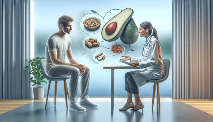 Diverse patient consulting dietitian in UK clinic about nut intolerance, surrounded by charts of avocados and seeds for balanced nutrition.