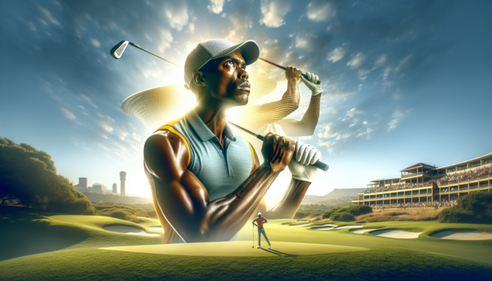 A determined South African golfer pauses on a lush Johannesburg course, taking a deep breath to visualize a successful shot under the bright sun.