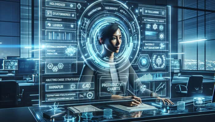 A determined professional in a futuristic workspace, using holographic planners and AI assistants for advanced productivity hacks.