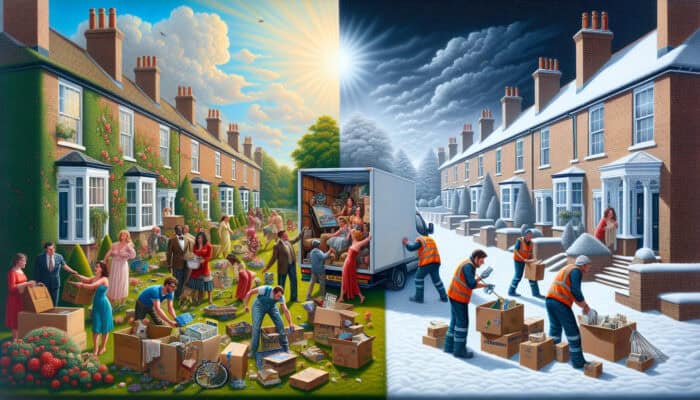 Vibrant UK summer street: families loading moving vans and workers sorting boxes on green lawns; snowy January with discounted home signs.