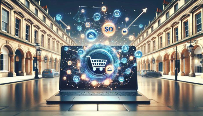 A laptop screen displaying keyword graphs and shopping carts against Regency architecture, symbolising rising traffic for Cheltenham e-commerce SEO.