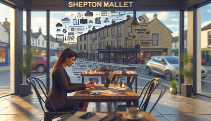 A determined small business owner in Shepton Mallet tests website redesigns on laptops and smartphones for mobile compatibility in a busy office.