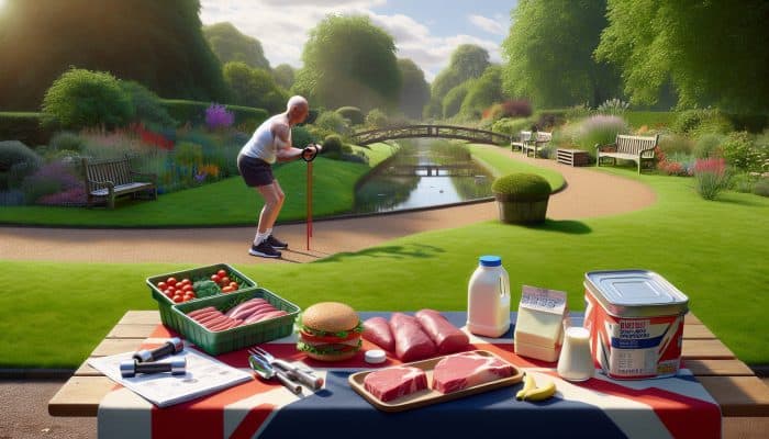 How Protein Supports Weight Goals: A fit older adult exercising in a sunlit British park, surrounded by fresh red meat and dairy on a blanket, symbolizing protein for health.