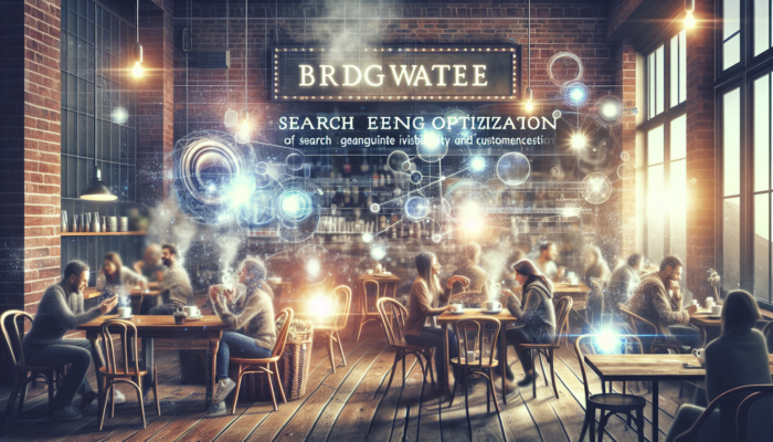 Cozy Bridgwater café with steaming coffee, chatting patrons, and glowing keywords like "best coffee Bridgwater" on a web interface, symbolising on-page SEO.