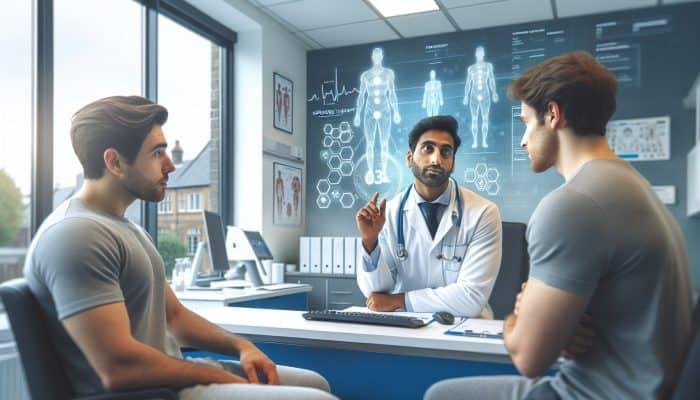 A UK NHS clinician reviews testosterone graphs with a patient, discussing hormone therapy options.
