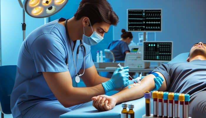 A medical professional performs venipuncture on a patient in a sterile Gosport clinic, surrounded by medical equipment for a testosterone test.