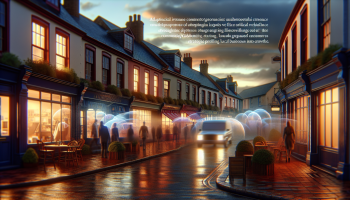 A vibrant street scene in historic Sherborne, UK, showing small businesses with digital screens of modern websites, symbolising local economic growth.