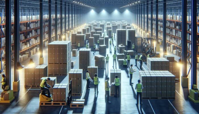 Workers in high-visibility vests stack boxes evenly on pallets in a busy UK warehouse under bright lights, ensuring safe transport per safety guidelines.
