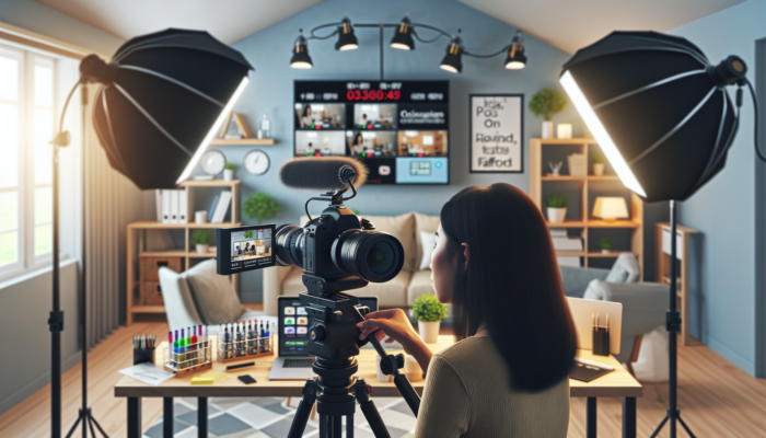 A professional video setup in Fairford: DSLR camera on tripod, softbox lights, LED panels, and entrepreneur adjusting equipment in studio.