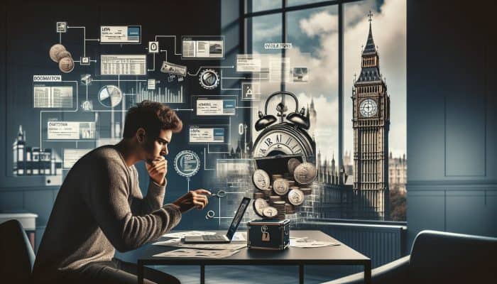 A determined person in a modern UK office reviews loan applications on a laptop, surrounded by financial documents, with Big Ben in the window.