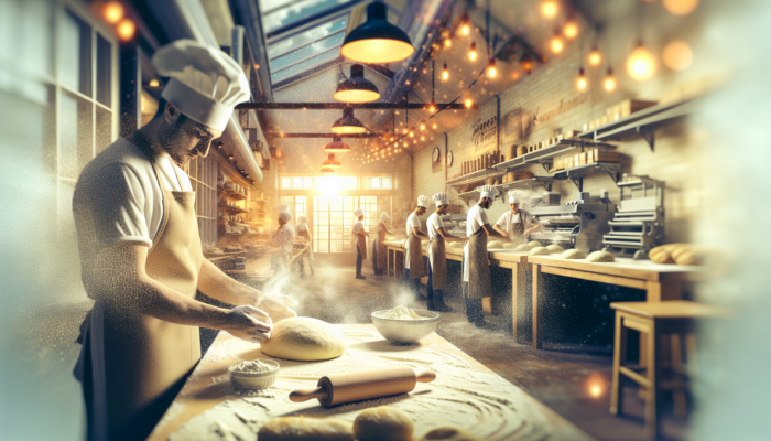Keynsham bakery scene: bakers kneading dough under warm lights, flour dust floating, customers watching on screens for video marketing.