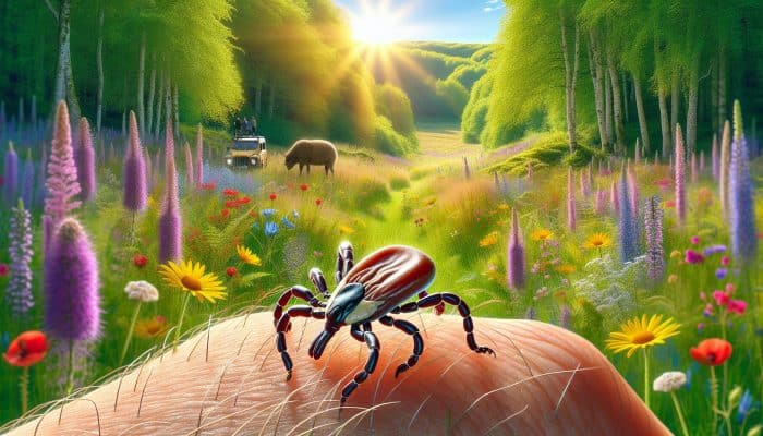 Understanding Lyme Disease Transmission: A sheep tick on human skin in New Forest woodlands, showcasing the risks associated with outdoor activities.