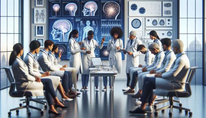 Doctors in white coats discuss acupuncture for neurology in a modern UK hospital, with an expert demonstrating needle insertion on a patient surrounded by charts and soft lighting.