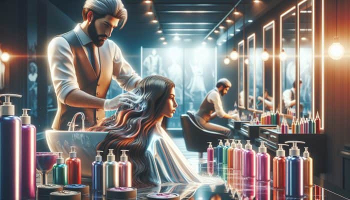 A professional hairstylist washes and conditions a client's long, wavy hair in a modern salon, surrounded by various dye products and mirrors.