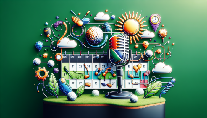 A vibrant content calendar for a South African golf podcast, showing tournament icons, seasonal tips, golf clubs, and a microphone on a green backdrop.