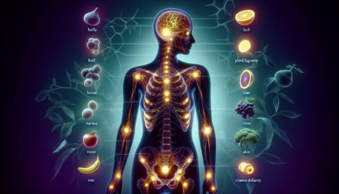 How to Get a Blood Tested for Nutritional Deficiencies: Surreal human silhouette with glowing voids for deficiencies: brittle bones, faded vessels, frayed nerves, dimmed skin, amid vibrant fruits and minerals.