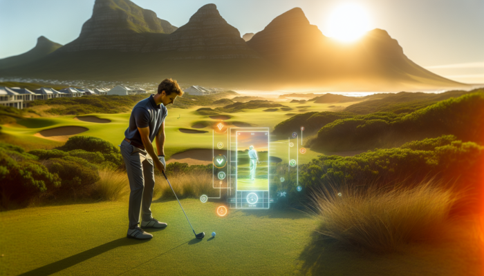 A focused golfer on a lush South African course, using a smartphone app to calculate yardage amid coastal dunes and mountains.