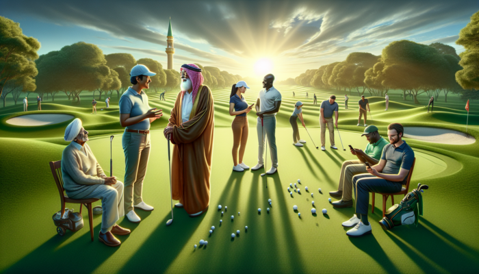 Diverse golfers at Durban Country Club in South Africa use smartphones on lush greens to share tips and join challenges under a sunny sky.