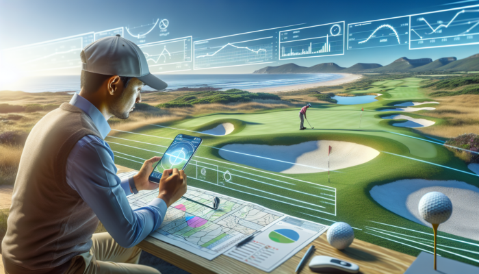 A focused golfer on Fancourt's scenic South African course, using a smartphone rangefinder app to measure distances to hazards amidst rolling hills and clear skies.