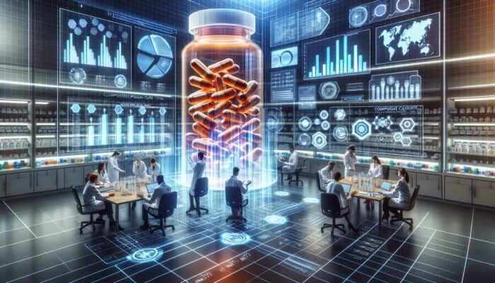 A diverse team of scientists in a modern lab analyses supplement case studies amid holographic charts, graphs, and pill bottles.