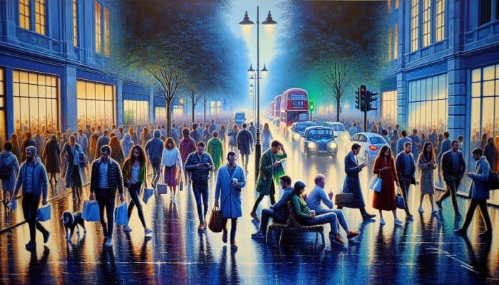 Rainy dusk on a busy UK street with stressed commuters rushing through crowds, contrasted by a serene park where people relax with friends.