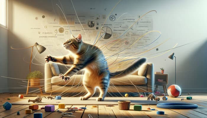 A curious tabby cat with sharp claws scratches a plush sofa in a sunlit living room, surrounded by toys and family activity.