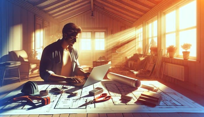 Debt Consolidation for Home Repair Loans: Essential Tips | DCL Debt Consolidation for Home Repair Loans: UK homeowner reviews debt consolidation loan on laptop in sunlit living room, surrounded by home repair tools and blueprints.