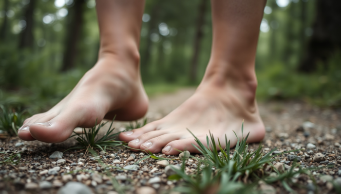 Close-up of minimalist barefoot shoes on natural outdoor surface, highlighting sleek design and flexible soles among grass and small stones, with a blurred forest trail in the background.
