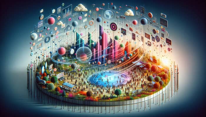 Vibrant digital landscape featuring diverse individuals connecting in niche online communities through advanced technological interfaces and expanding networks.