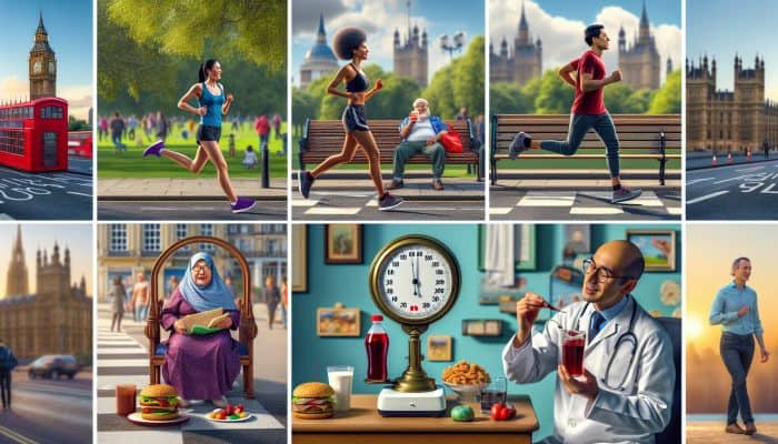 In a bustling UK city park, diverse people: one jogging, one eating fast food, one on a scale, doctor reviewing HbA1c charts.
