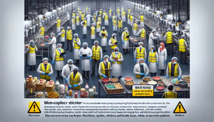 Inspectors in yellow vests confront workers handling chemicals without gloves in a Manchester factory, amid warning signs and halted machinery.