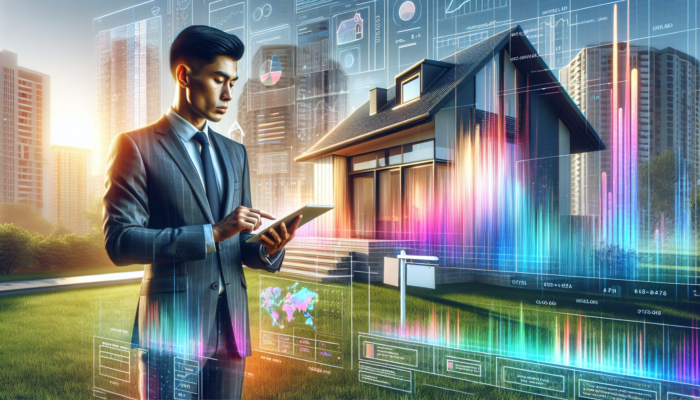 Real estate agent in tailored suit analyzes property data on tablet outside modern house with For Sale sign, amid cityscape and green lawns.